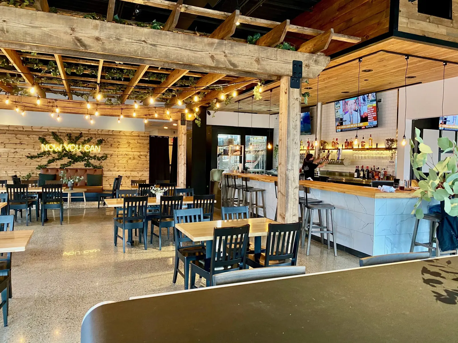The Beltline dining room with its long hickory bar